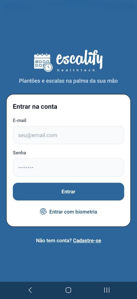 Tela de login do aplicativo Escalify