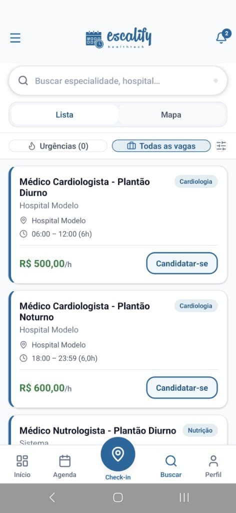 Lista de vagas e plantões no aplicativo Escalify